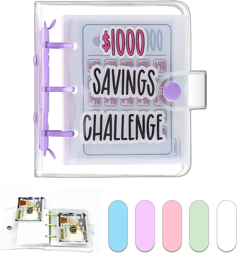 Dreamplay Mini Money Saving Binder, $1000 Money Saving Challenge Book Budget Binder with Envelopes Portable Deposit Anytime Anywhere (Purple) - Image 1